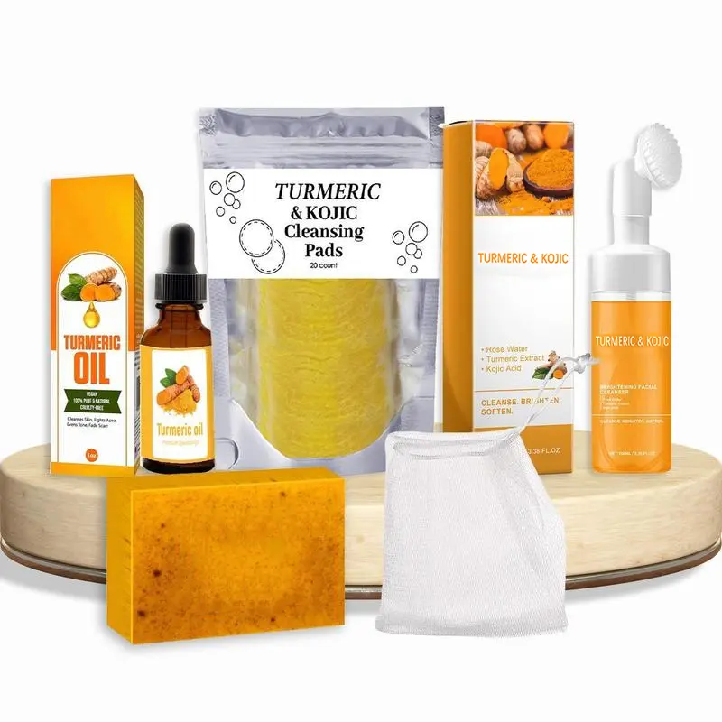 Turmeric 6-Piece Brightening Body Care Rejuvenating Set - Turmeric/100g+90g+100ml+30ml+Soap Dish, Essential Oil, Clean Skin Products for Adults, Moisturize for Supple Skin, Daily Spa Gift Set