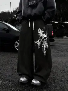 Gothic Dark Skull Thorn Cross Print Wide Leg Sweatpants, High Street Fashion Unisex Loose Casual Pants, Spring & Fall Fitted Straight-Leg