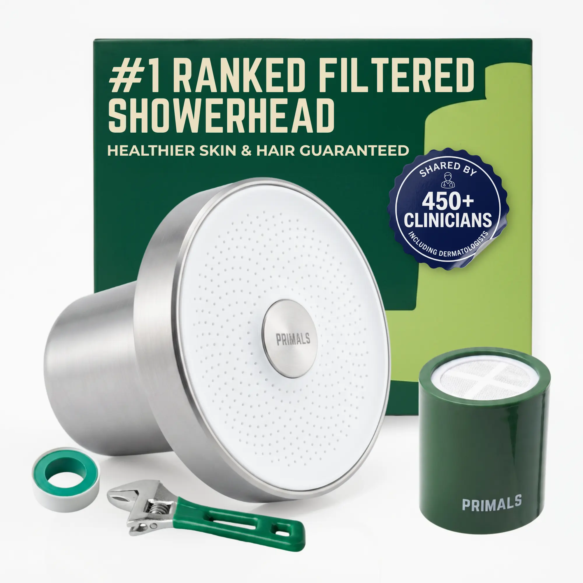 PRIMALS Filtered Shower Head - Removes Chlorine, Fluoride, Heavy Metals & Other Harmful Substances - Reduces Hairloss, Dry Itchy Skin, Eczema & Dandruff - Luxurious Water Pressure - Brushed Nickel