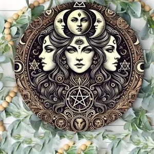 Vintage Hecate Witch aluminum wall art decoration! Moon & pentagram design, perfect for home/garden/bar, great for Halloween!