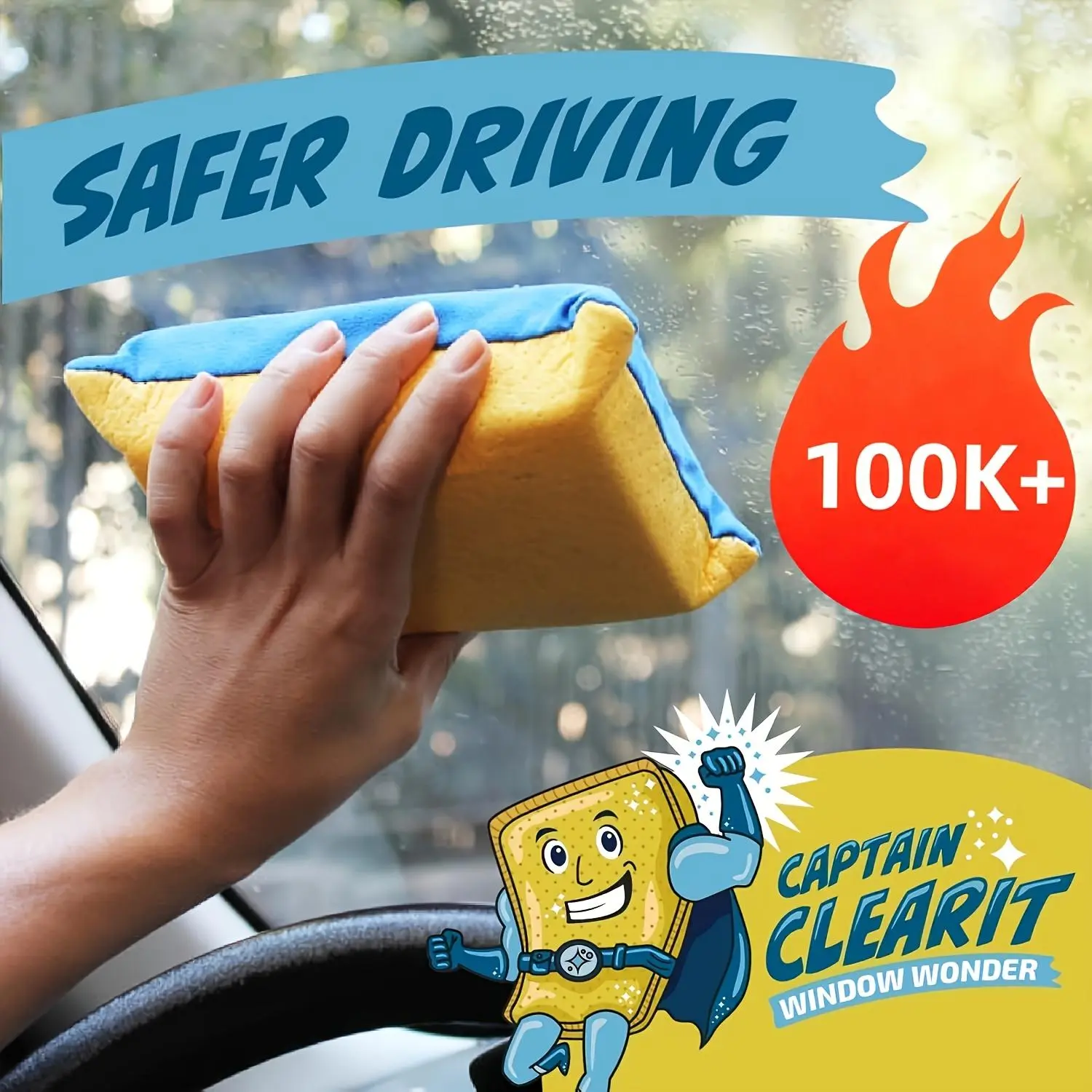 Captain Window Miracle Extra-Large Sponge - Automotive Car Glass Cleaning Tool, Super Absorbent, Anti-Fog, Streak-Free Wipe for Mirrors