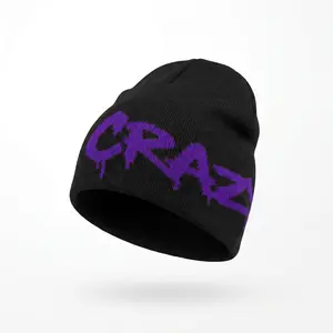 Crazy OG graffiti streetwear beanie knit cap with purple text script on side