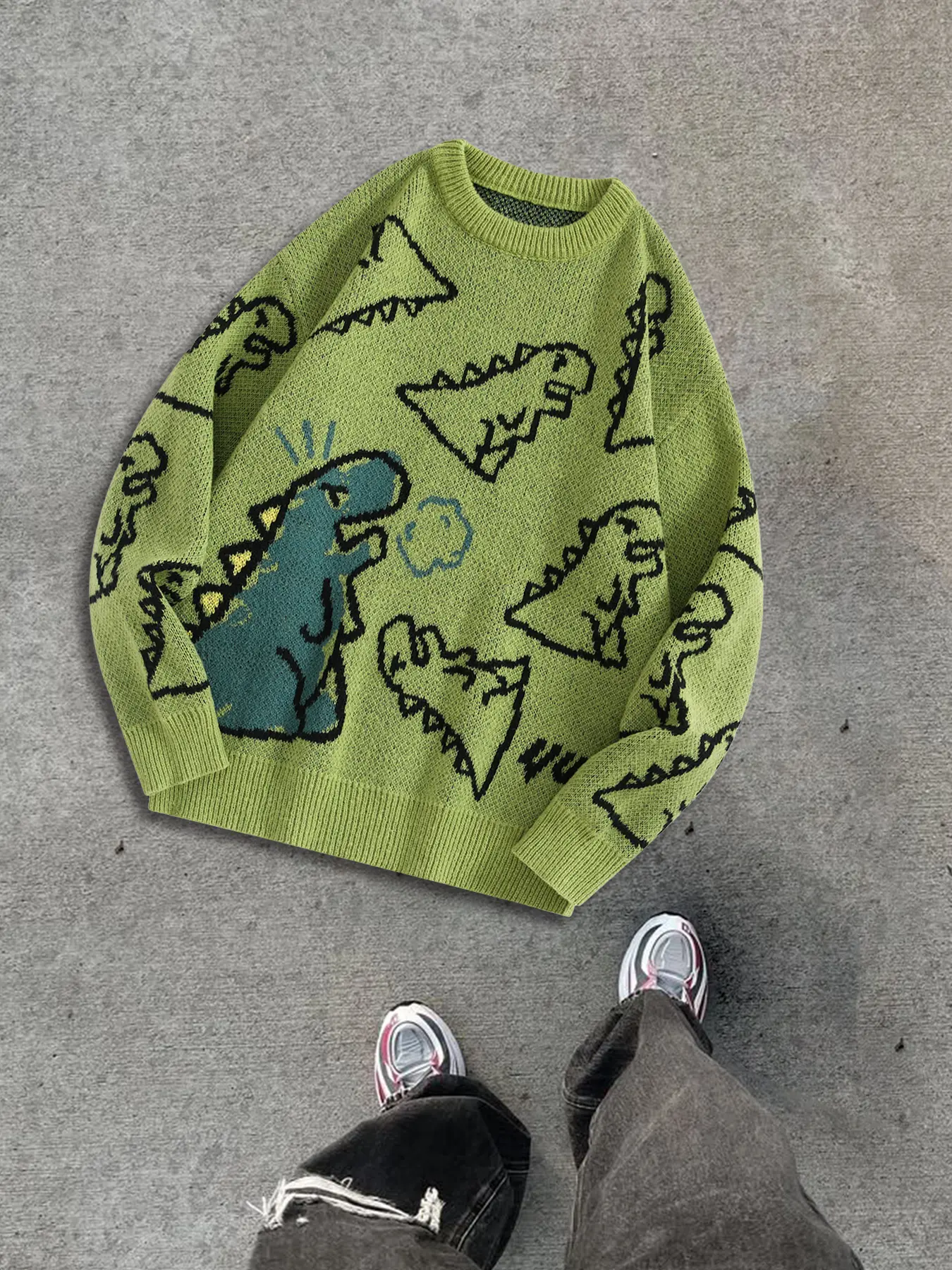 Trendy Cartoon Dinosaur Print Sweater, Fluorescent, Fun Dino Elements Design, Perfect Retro Kids Fashion Piece, Graphic Print Sweater, Graphic Knitwear, Graphic Sweater Top