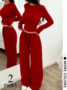 Women's Two-Piece Set, Round Neck Long Sleeve Top, Straight Leg Pants, Bow Print, Adjustable Drawstring Design, Comfortable Fabric, Casual Style, Everyday