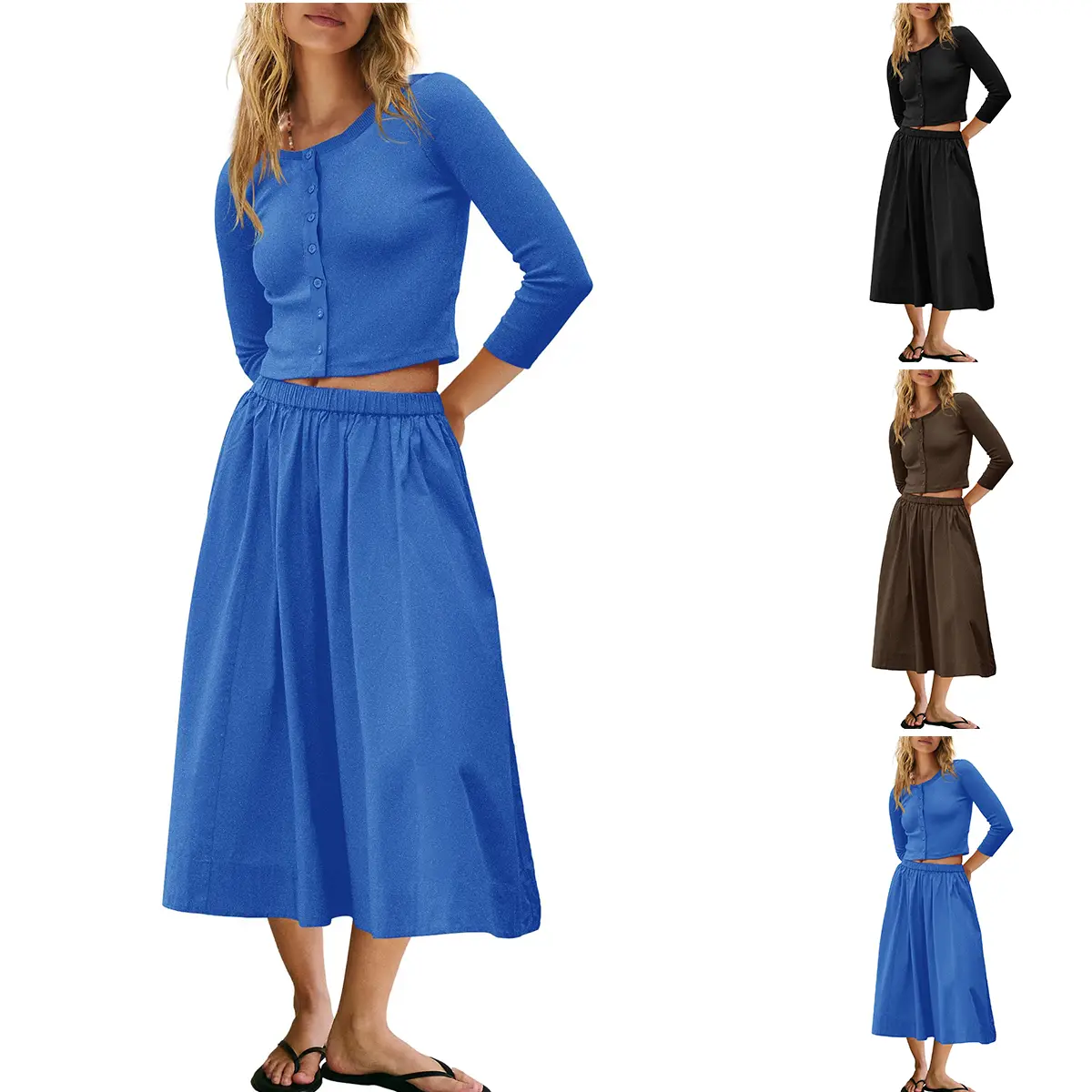 Molitree Women's 2 Piece Lounge Sets Matching Vacation Outfits Ribbed Button Down Cardigan & Elastic Waist Skirt Sets Long Sleeve Clothes Casual Womenswear