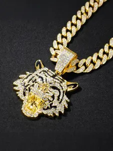 Hiphop Style Tiger Head Animal Jewellery Pendant Necklace, Alloy Chain with Zircon Gemstones, Street Fashion Jewelry for Casual Wear & Parties