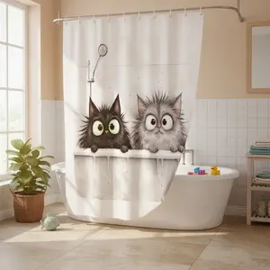 Cute Cat Pattern Bathroom Curtain, Cute Shower Curtain, Fun Cartoon Privacy Divider, Home Bath Decor, Includes Hooks, Ideal for Balcony