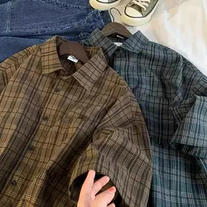 (New)Japan Vintage Plaid Short Sleeve Shirt for Men Y2k Streetwear Korean Harajuku Loose Casual Half Sleeve Mens Shirts Jacket CoatGift
