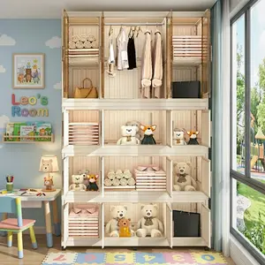Portable Wardrobe Closet Storage Organizer for Clothes 16 Magnetic Doors 16 Cubes & 1 Hanging Rod 6 Hangers Baby Storage Cabinet White