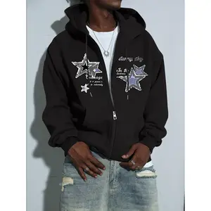 Men’s Spring/Autumn Outdoor Sportswear — Fashionable and Unique Star & Letter Print Zip-Up Hoodie, Regular Fit, Oversized Casual Style for Fitness, Running, and Outdoor Camping — GARMENTARY