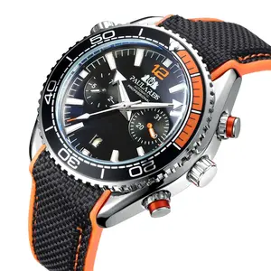 Automatic Watch for Men Mechanical Self Wind Canvas Rubber Strap Orange Multifunction Date Month Fashion Wristwatches