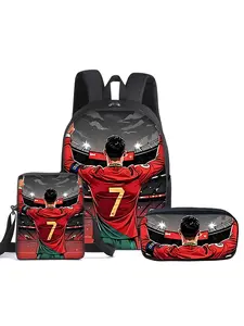 Football pattern printed 16-inch backpack three-piece set (single-layer backpack + small shoulder bag + single-layer pencil bag)