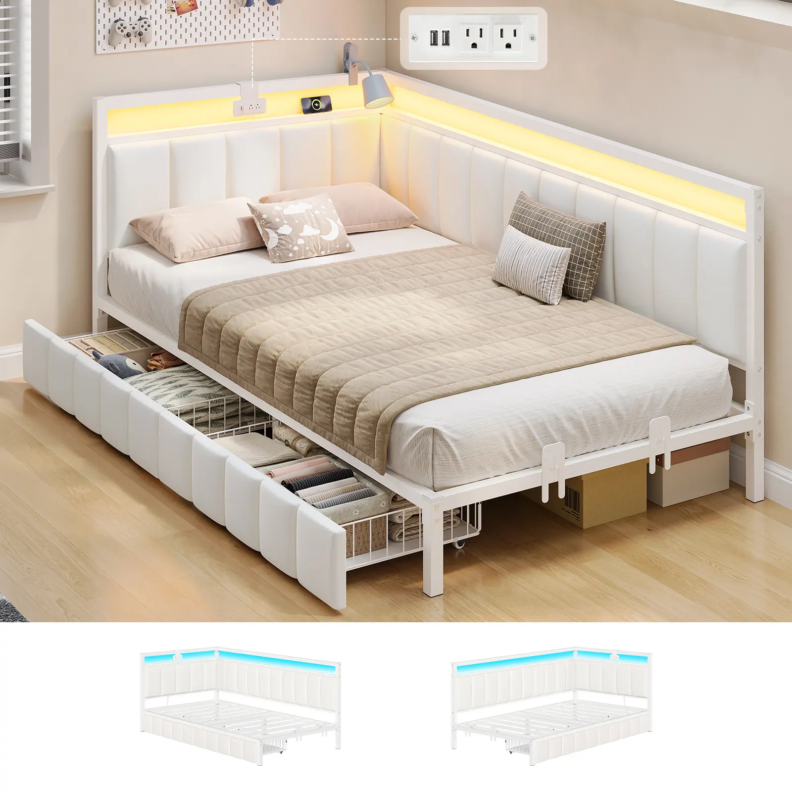 Hasuit Corner Bed Frame with Storage Drawers Full Daybed with Line Fabric Upholstered Fence Kids Bed Unit with LED Light and Charging Station,dorm essentials,home decor