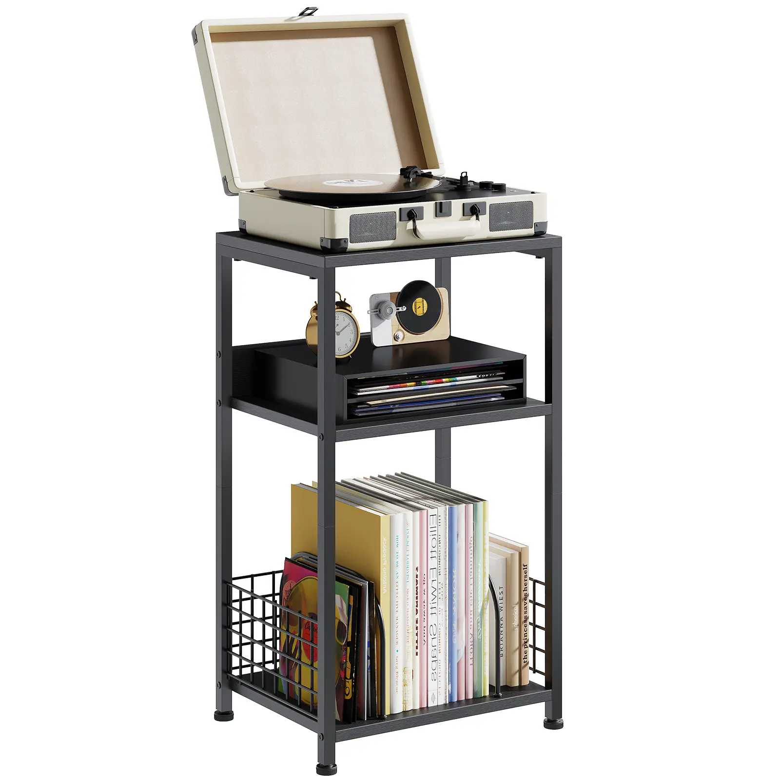 3 Tier Side Table, 1 Pack Record Player Stand with Storage Up to 100 Albums,Turntable Stand for Vinyl, Black Records Shelf for Living Room Bedroom
