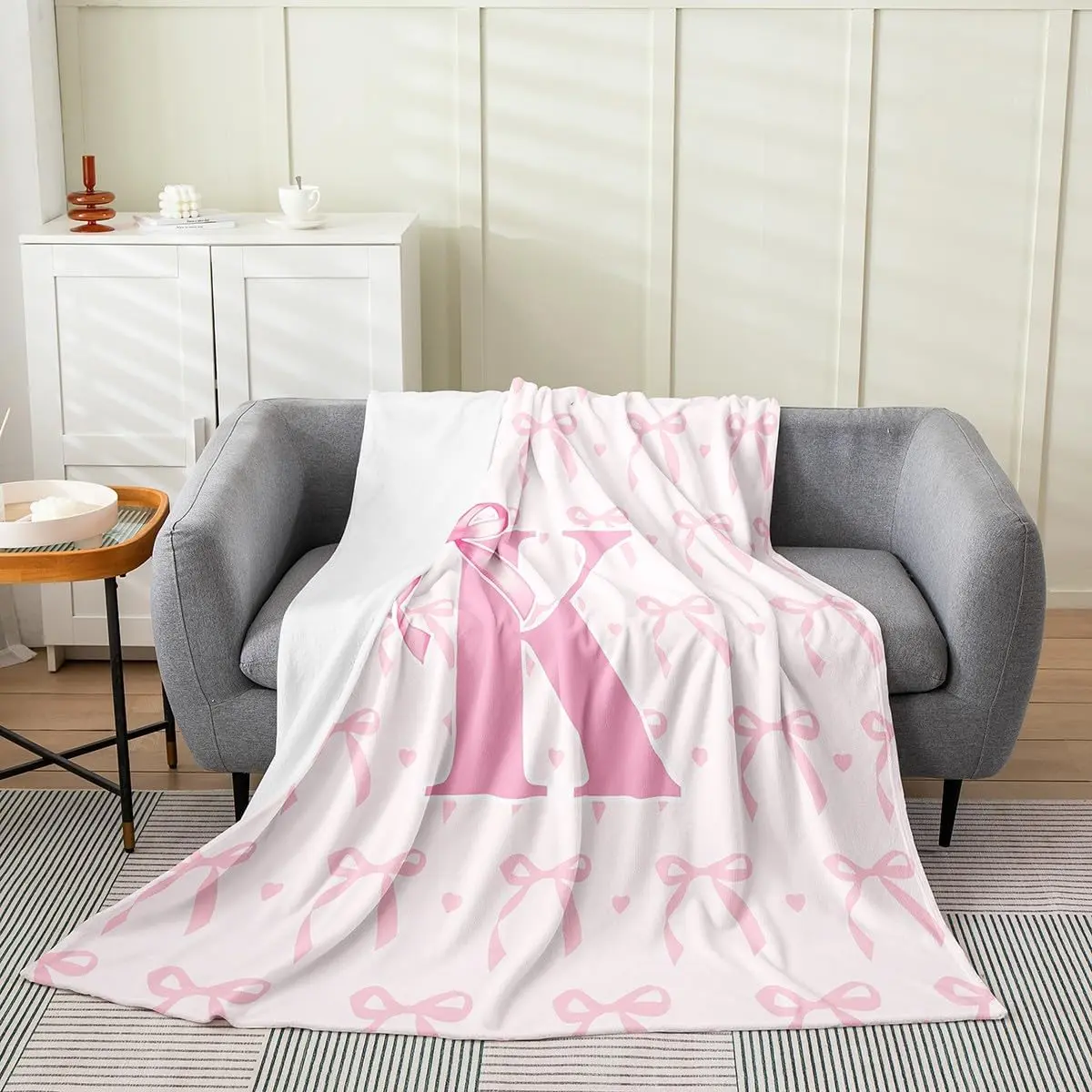 Personalized Initial Monogrammed Pink Bow Kids Fleece Throw Blanket, Twin Size Cozy Soft Fluffy Flannel Blanket for Bed & Couch (For Boys & Girls), Cozy Blanket, Soft Fluffy Blanket