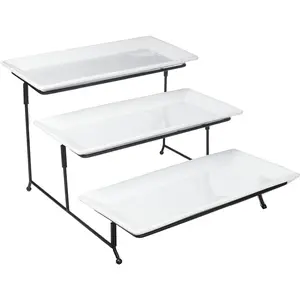 Elite Gracious Dining 3 Tier White Ceramic Rectangular Food Snack Dessert Serving Plate Rack Tray Set with Matte Metal Stand for Appetizers