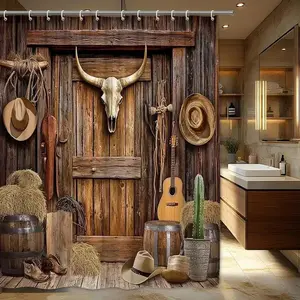 [Quick Arrival] Western cowboy pattern design shower curtain, perfect for bathroom decoration, made of durable polyester, available in multiple sizes, easy to care for, machine washable, comes with shower curtain hooks, Shower Curtain Set