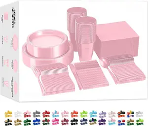 350 Pcs Pink Plastic Plates For Party, Pink Disposable Plates Set, 50 Of Each 9" Dinner Plate Set, 7" Dessert Plate, Cups, Napkins & Cutlery Plastic Dinnerware Exquisite Utensils Pack