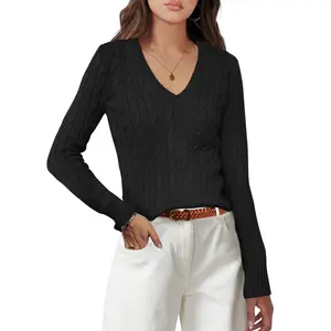 ANRABESS Women's Long Sleeve V Neck Cable Knit Sweater Jumper Fall Pullover Top Cute Soft Ladies Dressy Casual Outfits