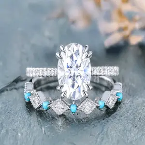 Engagement ring set - rose gold - natural blue turquoise for women - everyday wear - party - holiday gift