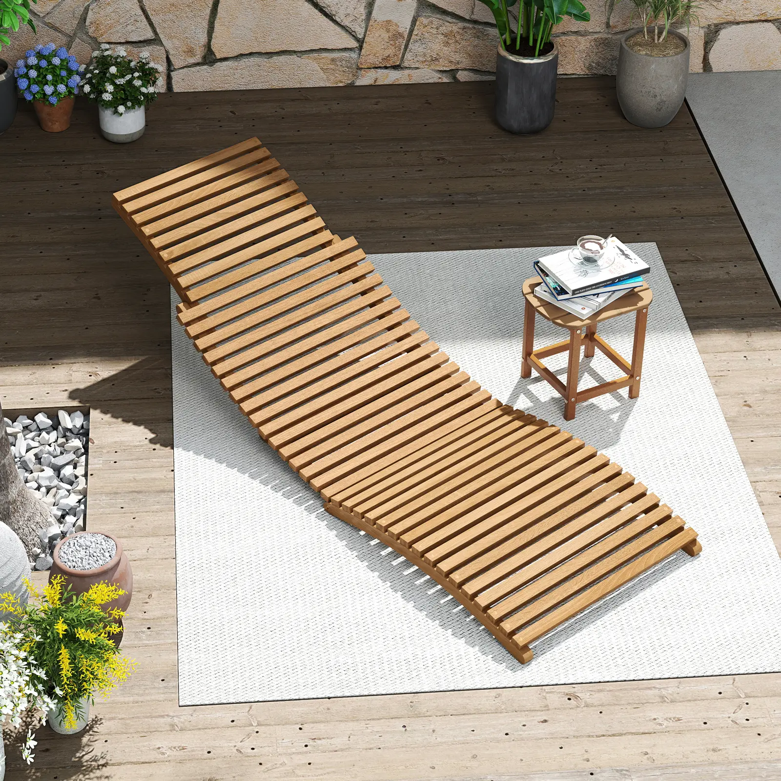 COSTWAY - Teak Wood Patio Folding Chaise Lounge Chair with Slatted Seat-1