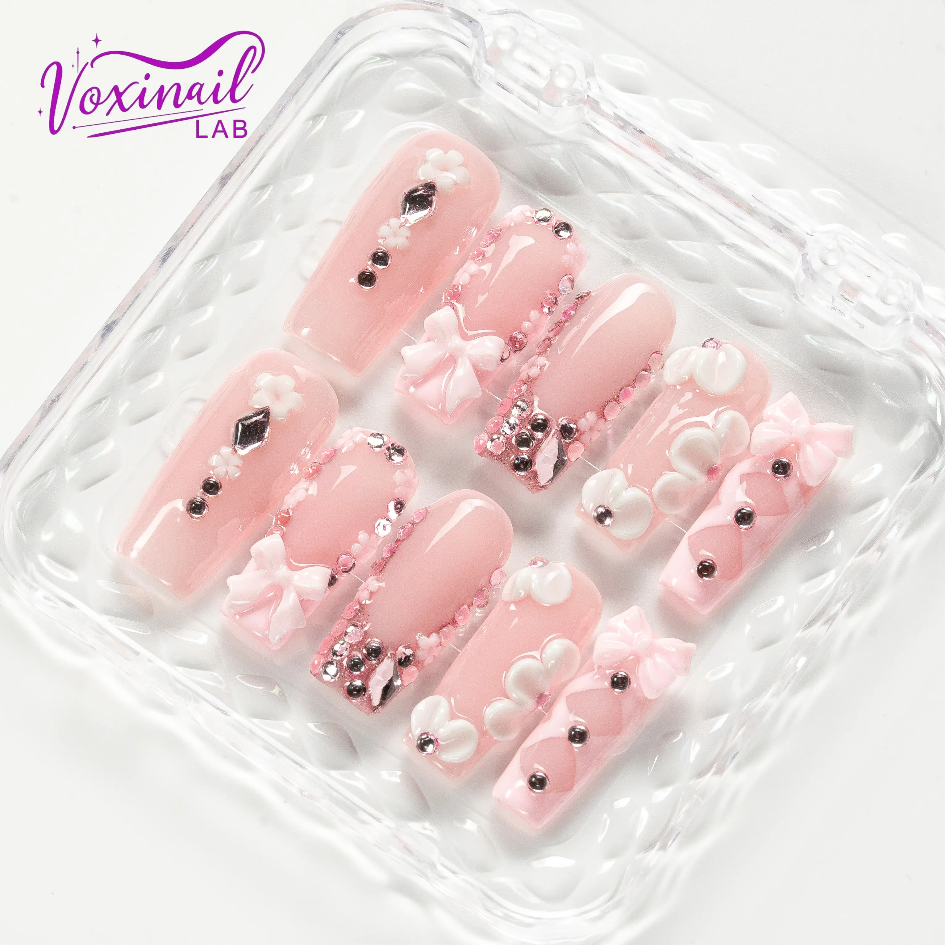 Voxinail Lab | Princess Sparkle | Handmade Pink Long Coffin Press-On Nails | Acrylic, Reusable, Long-Lasting