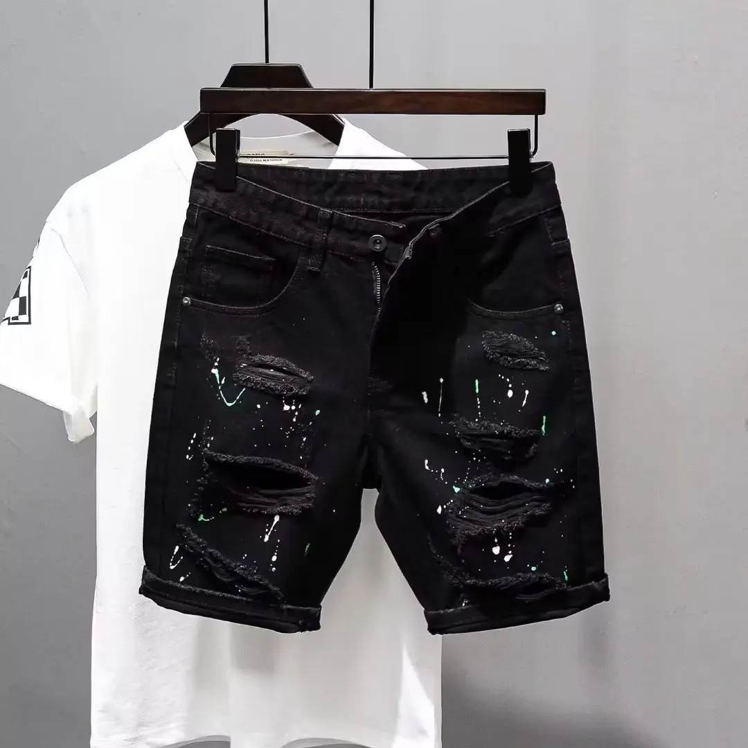 Men's Black Ripped Thin Washed Slim-Fit Mid-Thigh Denim Shorts - Korean Style, Knot Detail, Cropped Pants for Summer, Versatile Trendy Young Adults, Slim-Fitting, Young People