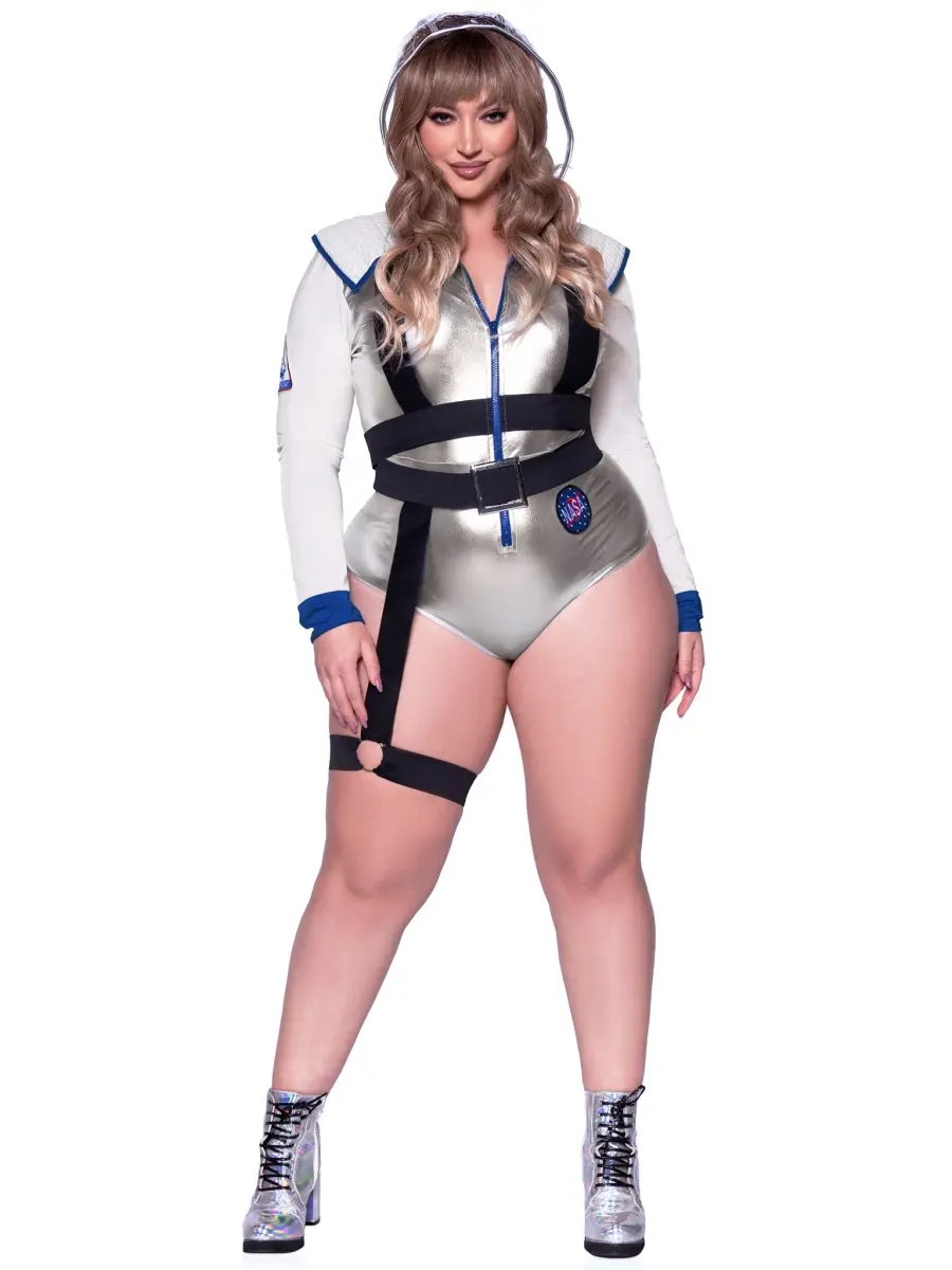 Leg Avenue Women's 3-Piece Stretchy Alien Galaxy Halloween Party Bodysuit Costume Set (1X-2X Spandex) with Detachable Zipper-Accented Belt, Body Harness & NASA Patches (Model 86739X 10108), Accessories