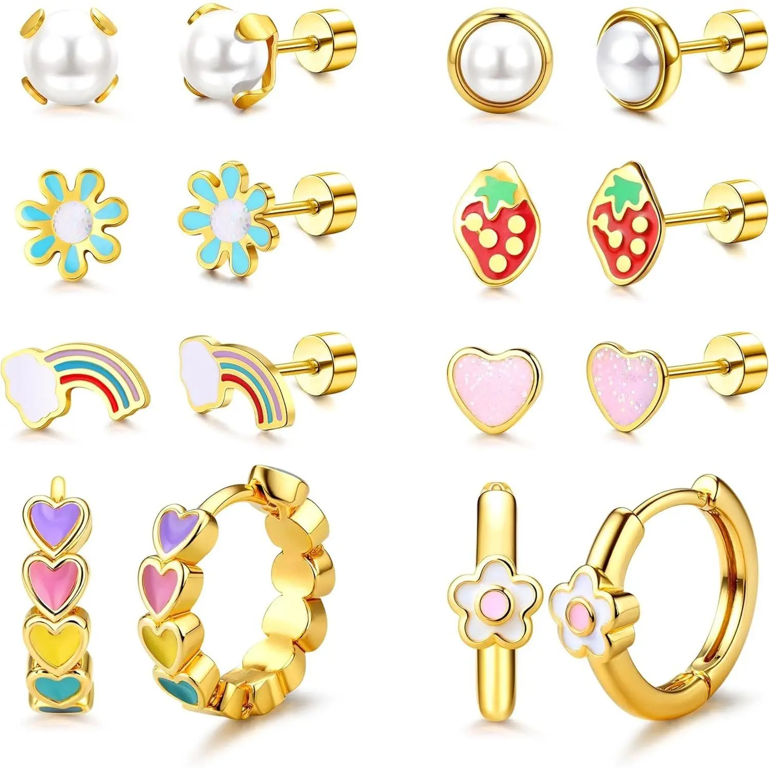 CASSIECA Women's 316 Surgical Steel Hypoallergenic Earrings Set - Cute Small Daisy Hoops, Heart Strawberry Rainbow Pearl Flat Back Ear Studs, Metal Coated for Daily Wear & Summer Vibes (For Sensitive Ears), Flat Back Earrings