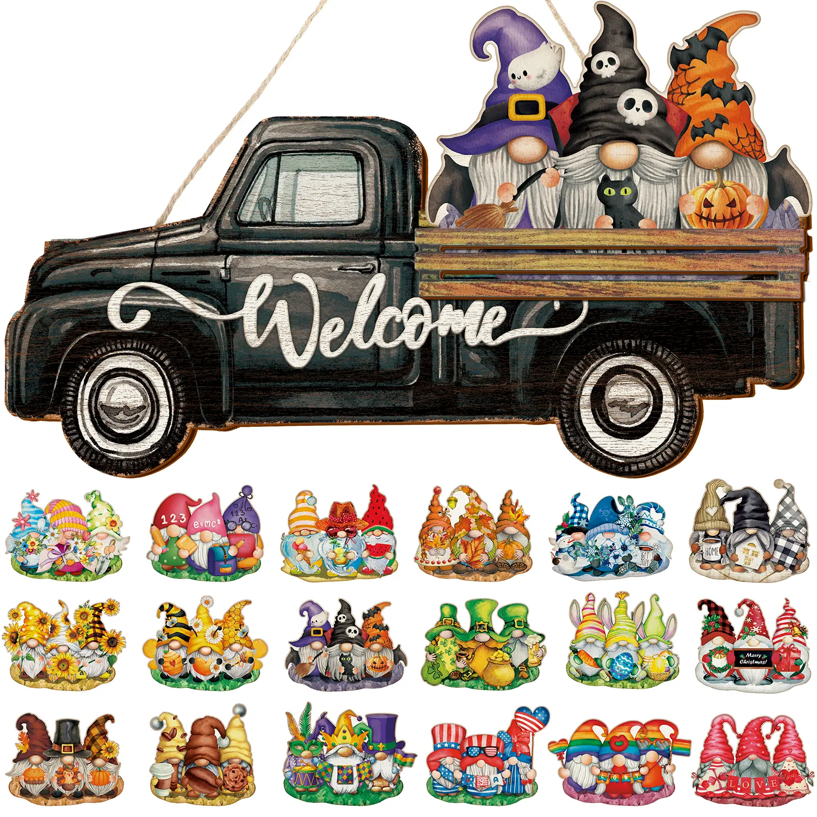 Interchangeable Wooden Truck Gnome Welcome Door Hanger - 22 Pcs Multi-Season Entryway Decor, Festive Gift for Children’s Day, Memorial Day, Farmhouse Home Bar Housewarming Birthday