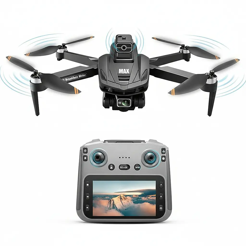 V168 MAX GPS Quadcopter Drone with 5G Screen Controller, Modern Design, Foldable Frame, 4-Sided Obstacle Avoidance, Dual Cameras, 360° Rolling, Gesture Control, 1-Click Fly/Return, 2 Batteries for Amateur Players (Birthday Gift)