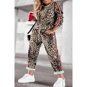 Plus Size Leopard Round Neck Top and Pants Set