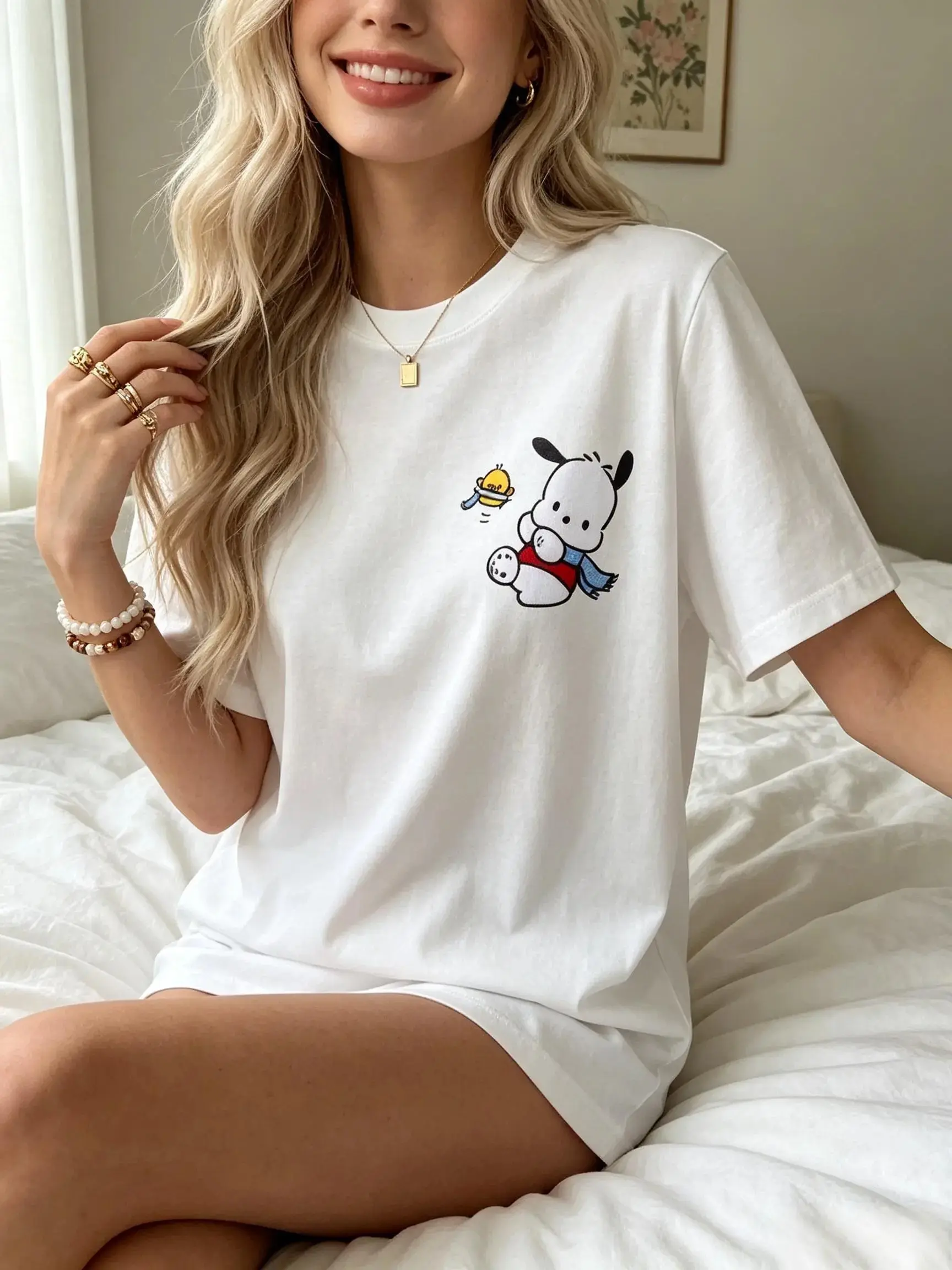 Women's Pochacco & Pi-Chan Casual Short-Sleeve Adult Tee, Comfortable Cotton Fabric, Shortsleeve, Fit