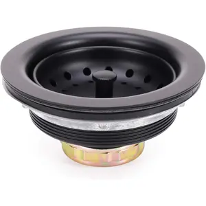 KONE 3-1/2 Inch Kitchen Sink Stainless Steel Basket Strainer Water Stopper with Drain Assembly, Black Finish Rustproof and Durable