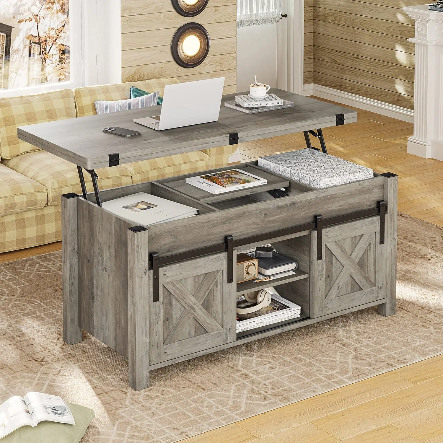 Sikaic Lift Top Coffee Table with Storage, Modern Farmhouse Coffee Table Converts to Dining Table Oak Finish Living Room Furniture