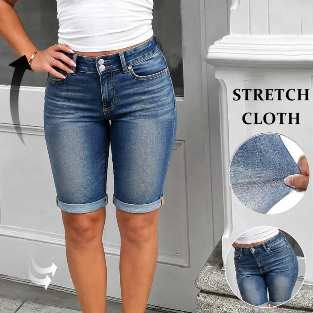 Women's High-Waisted Ripped Rolled Hem Stretchy Denim Jorts - Womenswear Jean Shorts, Mid-Thigh Fit, Zipper-Equipped, Summer Vacation Outfits
