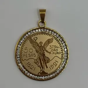 Beautiful Stainless Steel Centenario In Gold Color With Rhinestones