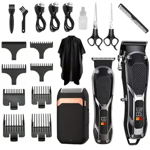Electric Hair Clipper Set, LED Display Trimmer, Home Use 3-Piece Kit, Large Battery, Powerful Motor, Salon Quality Clippers, Haircut Machine, Cordless Hair Cutting