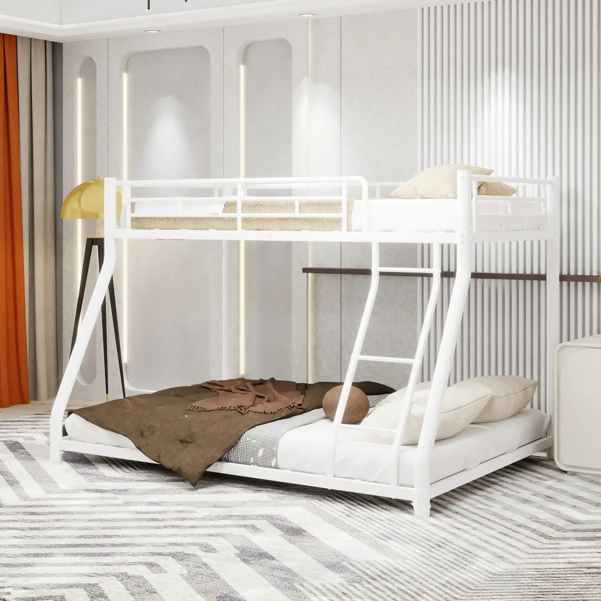 White Modern Twin Over Full Size Steel Storage Bed - Silent, Secure, Durable, Rust-Resistant, Guardrails, Removable Stairs, 12" Under-Bed Storage, No Box Spring Needed, Assembly Required, 78.1"l x 56.4"w x 53.9"h (for Teens)