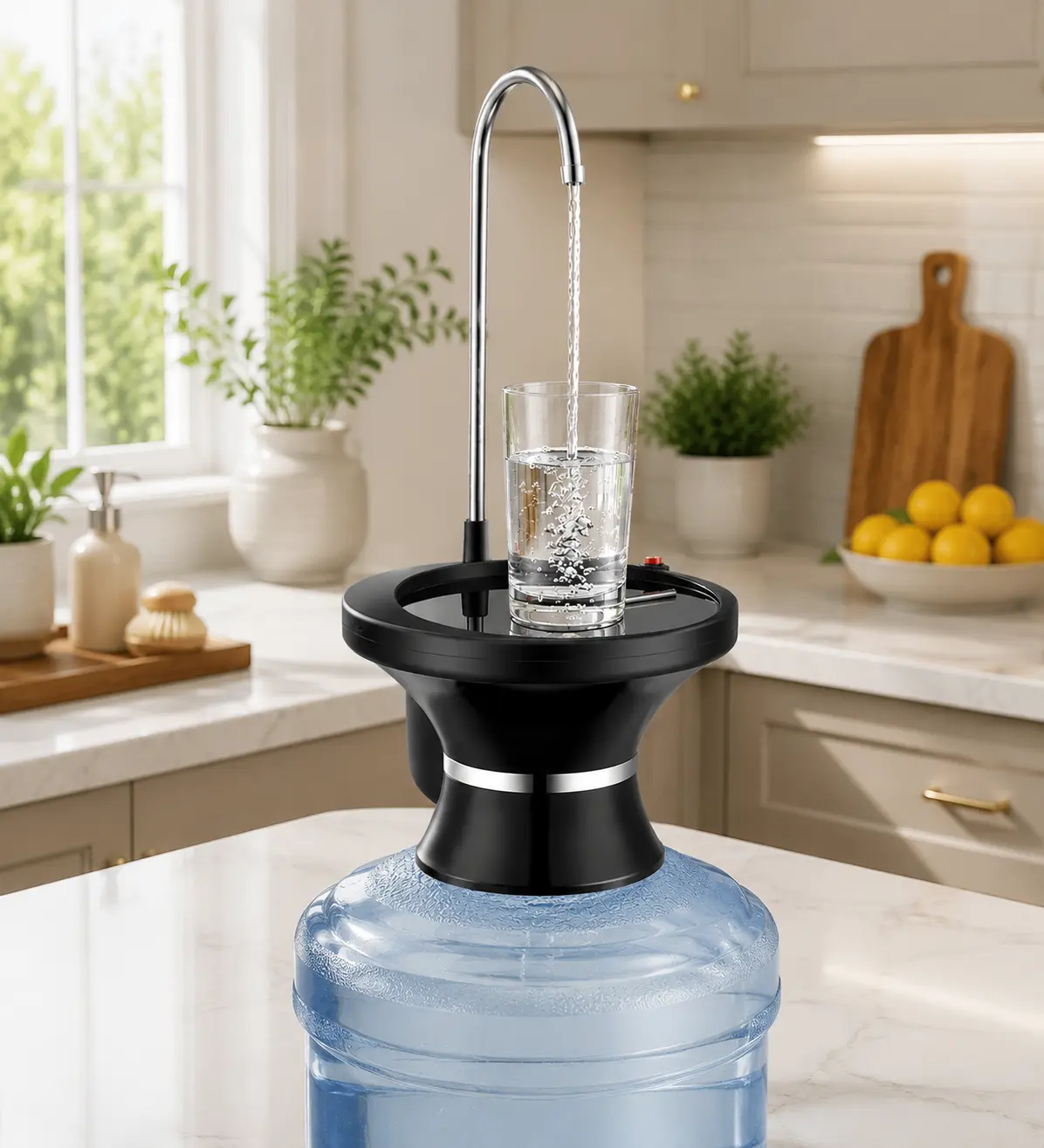 Electric 5-Gal Automatic Water Dispenser Pump, Rechargeable with Cup-Activated Gravity Switch, Tall Stainless Steel Faucet & Oversized Tray for Home, Office, Outdoor Use