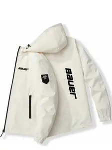 Sporty Bauer Letter Print Hooded Jacket, Slim-Fitting Casual Outerwear, High-Quality Polyester Fiber, Spring & Fall Fashion