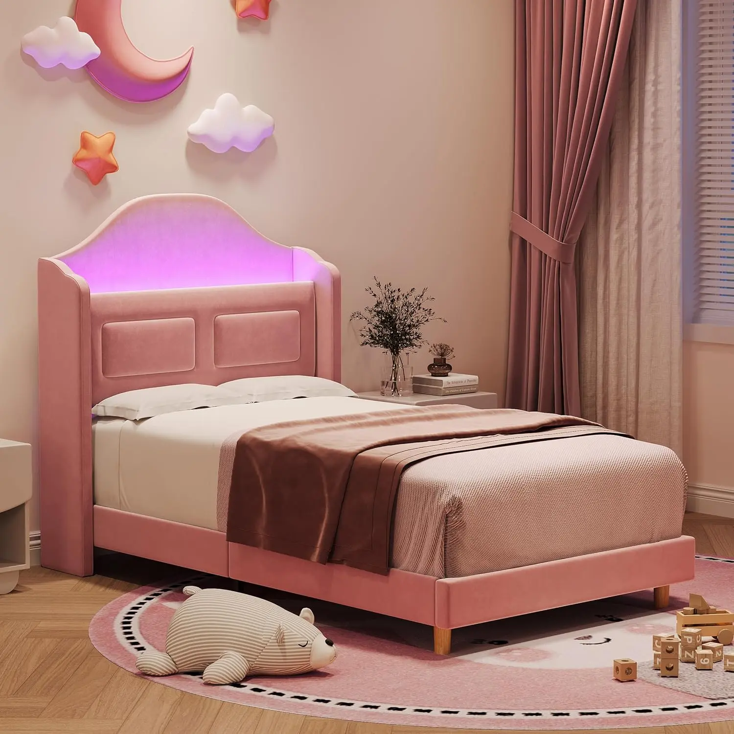 Gaomon Twin Velvet Platform Bed - Pink LED Lights Frame, Throne Fabric Upholstered Headboard, Secret Storage, 10-Min Easy Set-Up, Silent Slats, No Box Spring Needed