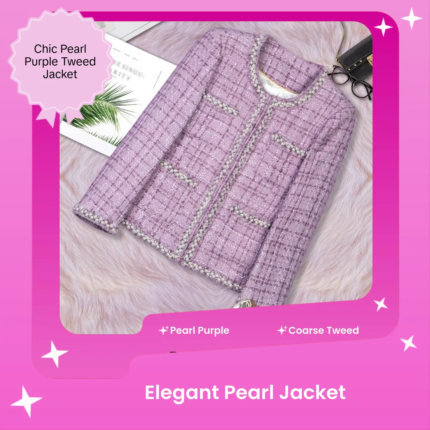 Women's Chic Fitted Plaid Tweed Jacket in Pearl Purple, Crew Neck Long Sleeve Top with Pearl Buttons, Tops, Coats, Outerwear, Long Sleeves, Lady