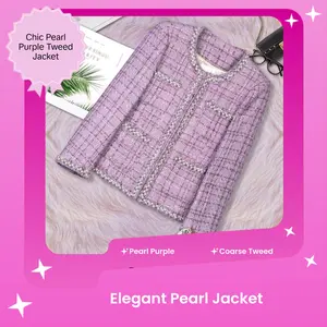 Women's Elegant Long-Sleeve Crew Neck Coarse Plaid Pearl Purple High-End Tweed Fitted Small Fragrance Style Jacket, Chic Women's Clothes