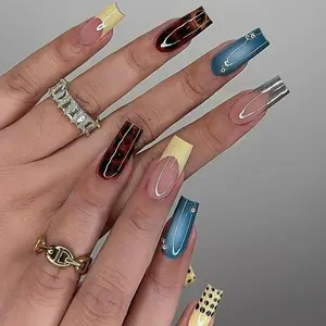 Yellow French Tip Press On Nails with Polka Dot & Tortoiseshell | Square Clear Tip Fake Nails | Handmade Modern Nail Art