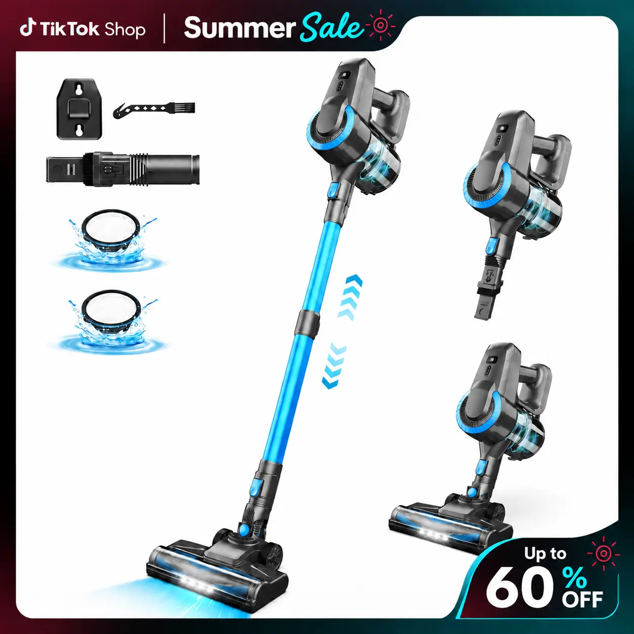 [SummerSale] Devoac N3P Cordless Vacuum Cleaner, 20kPa Suction, 40-Min Runtime, 8-in-1 Stick Vacuum with LED Headlight, Rechargeable Vacuum for Floors, Carpets, Tiles, Pet Hair & Car