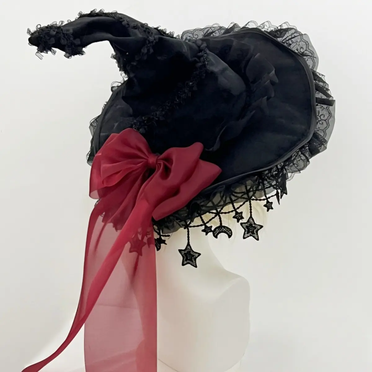Deep Purple Lace Witch Hat Oversized Bow Gothic Halloween Chapeau  Dark Elegant Cosplay Accessory Party Event Props Decorations Supplies