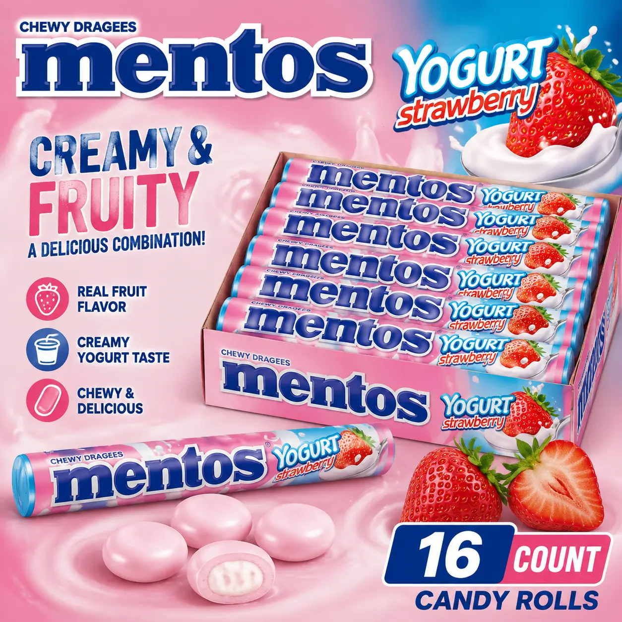Mentos Imported Strawberry Yogurt Chewy Candy Roll, 16ct Sweet Sugar Candies, Delicious Snack Ideas