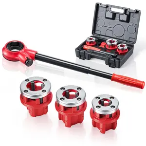 【fathersdaygift】VEVOR Ratchet Pipe Threader Kit with 3 Dies, 1/2" BSPT, 3/4" BSPT, 1" BSPT Manual Ratcheting Pipe Threading Tool, Portable Pipes Threader Set with Toolbox for Plumbing Installation & Repair