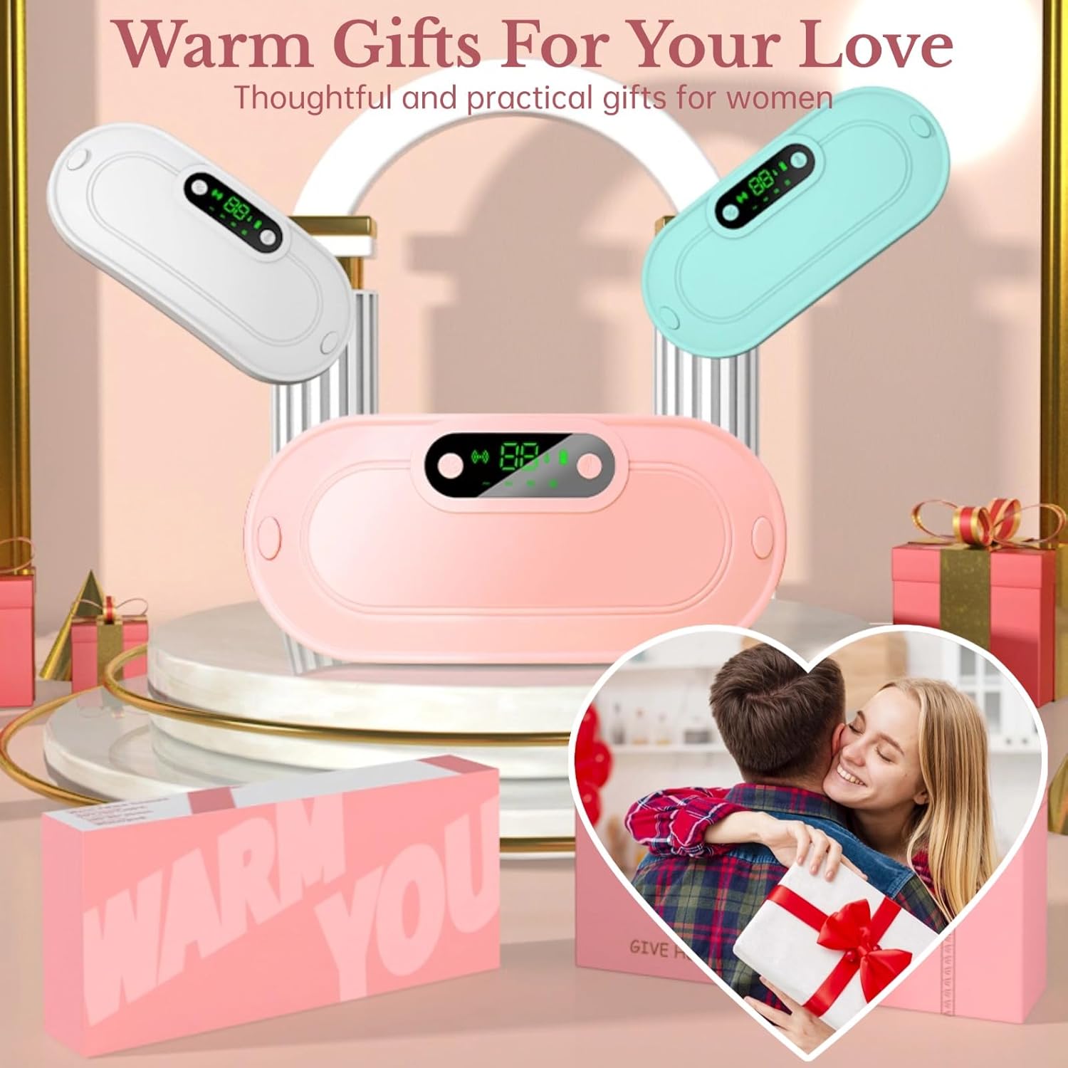 Heating Pad, Portable Cordless Fast Heated Pad, Electric Belly Wrap Belt with 3 Heat Levels & 4 Massage Modes, Menstrual Back Belly Pain Warm Gifts for Women Girls (Pink)